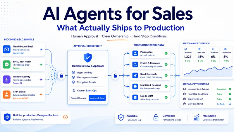 AI agents for sales: incoming lead signals passing through a human approval gate into a production outreach workflow
