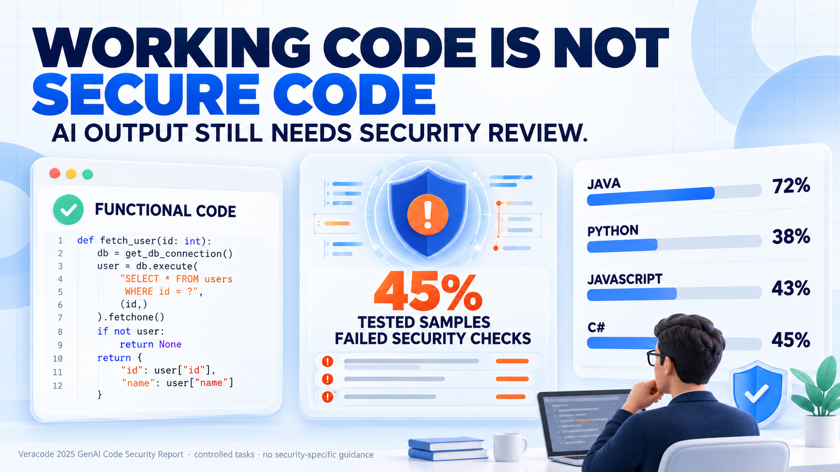 Working code is not secure code: Veracode 2025 security-check results for AI-generated code samples by language.