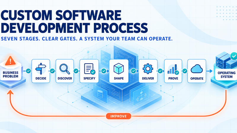 Custom software development process: seven stages from Business Problem through Decide, Discover, Specify, Shape, Deliver, Prove, and Operate to Operating System