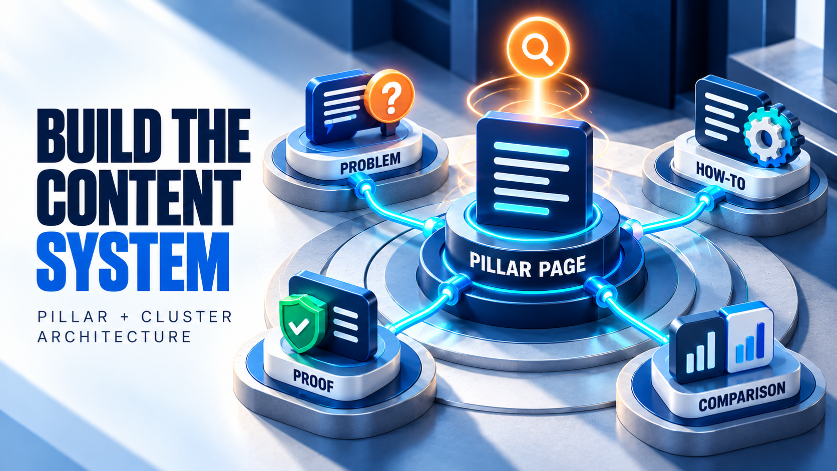 Three-dimensional pillar-and-cluster content architecture with a central pillar page connected to problem, how-to, proof, and comparison pages.