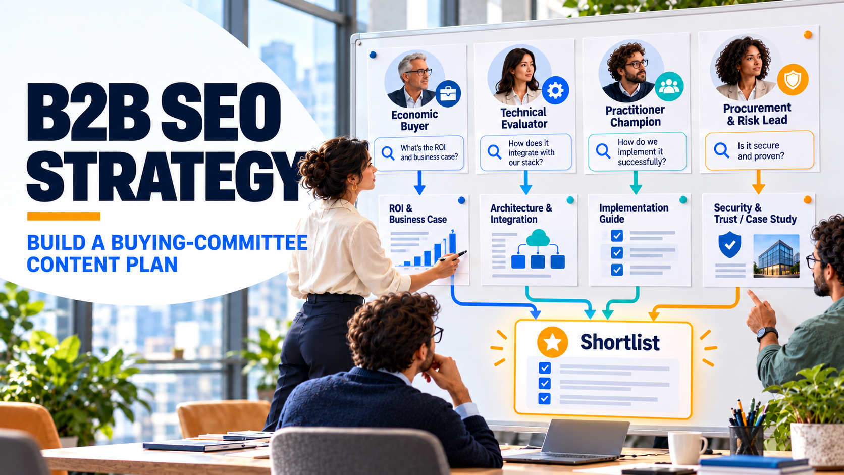 B2B SEO strategy visual showing a buying committee's roles, questions, evidence, and route to a shortlist.