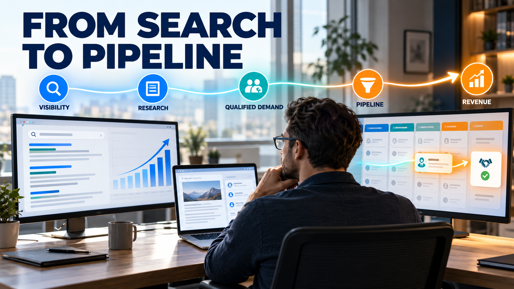 B2B SEO measurement path from visibility and research through qualified demand and pipeline to revenue.
