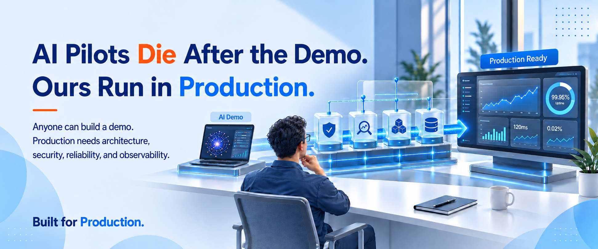 AI pilots die after the demo. Ours run in production. Production needs architecture, security, reliability, and observability. Built for production.
