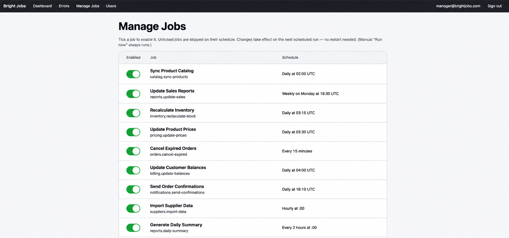 Manage jobs screen with a toggle per job, showing that an unticked job is skipped on its schedule and that changes take effect on the next run without a restart