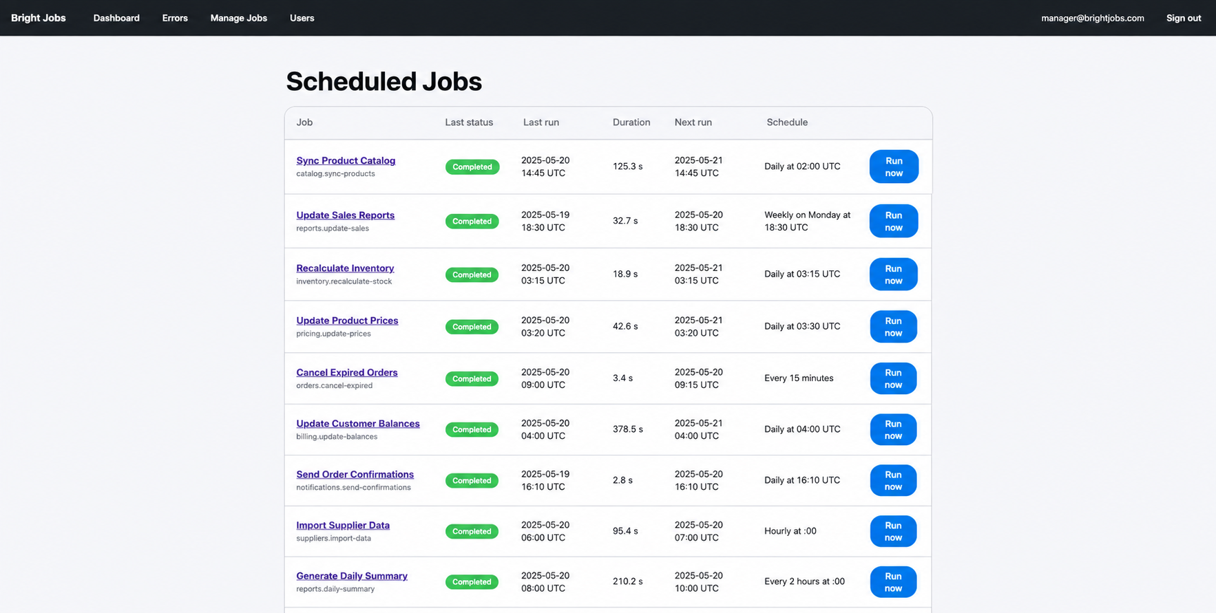 Scheduled jobs dashboard listing every job with its last status, last run time, duration, next run and schedule, each with a Run now button