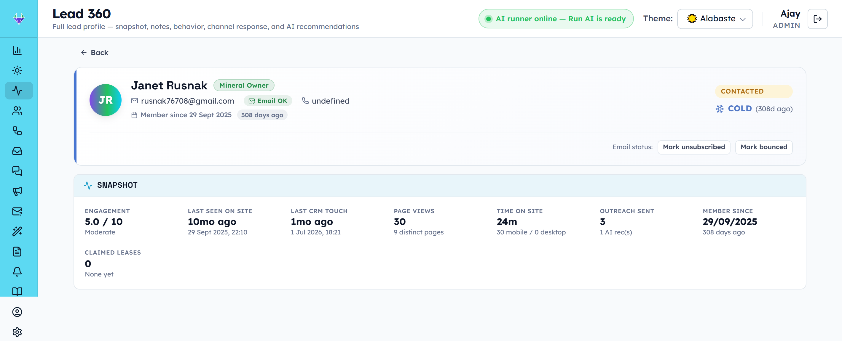Pursuit Lead 360 profile showing a mineral owner's snapshot: engagement score, last seen, page views, time on site and outreach sent