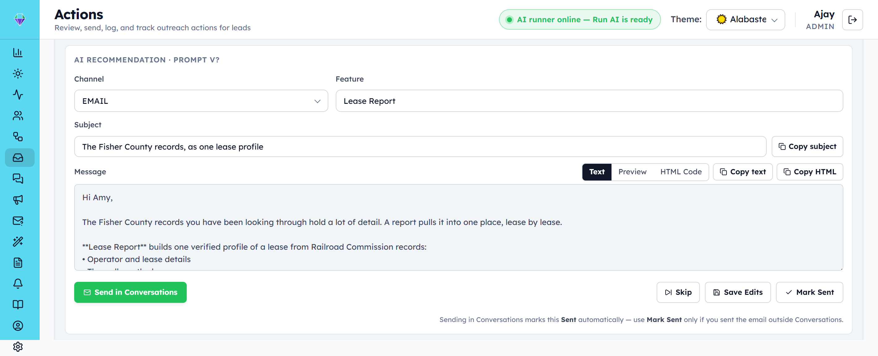 Pursuit Actions screen: an AI-drafted email with subject and message ready to review, edit, skip, approve or mark sent