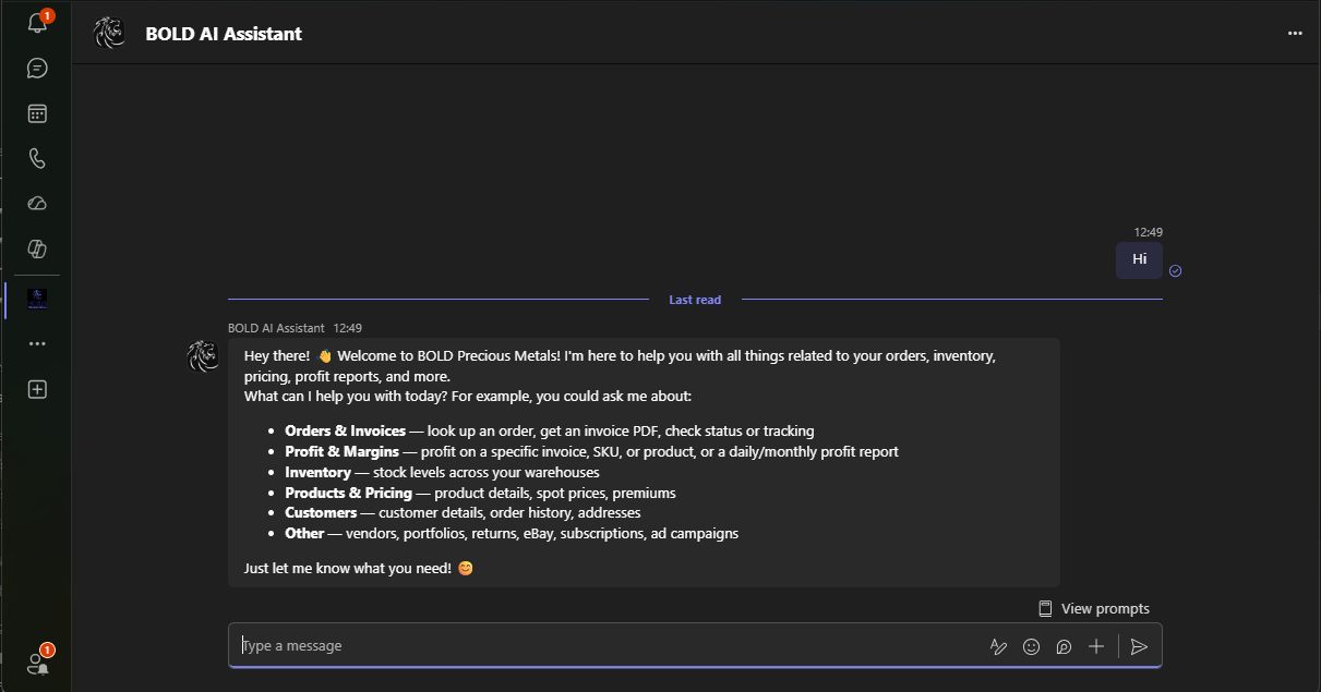 The BOLD AI Assistant in Microsoft Teams: in reply to a simple 'Hi', it welcomes the user and lists what it can help with — orders & invoices, profit & margins, inventory, products & pricing, customers, and more.